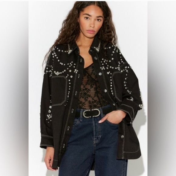 Free People Jackets & Blazers - NWT Free People Black Embellished Denim Jacket